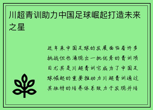 川超青训助力中国足球崛起打造未来之星